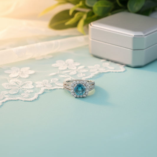 18K Gold Blue Diamond Halo Ring – 2.59 CTW Split Shank Modern Luxury Design