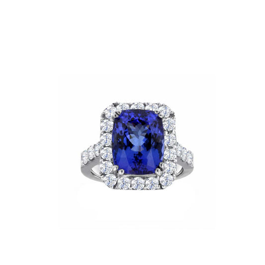 18K White Gold Natural Tanzanite & Diamond Ring – 6.55ct Cushion-Cut Tanzanite with 1.50ct Diamond Halo