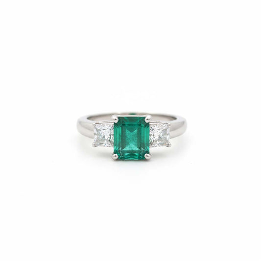14K White Gold Ring with 2.44 ct Princess Cut Emerald and 1.00 ctw Princess Cut Diamonds