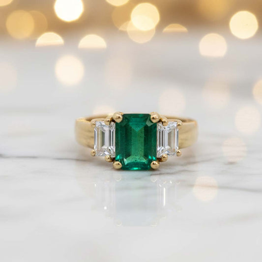 14K Yellow Gold 1.96 CT Emerald-Cut Emerald and 1.25 CT Diamond Ring