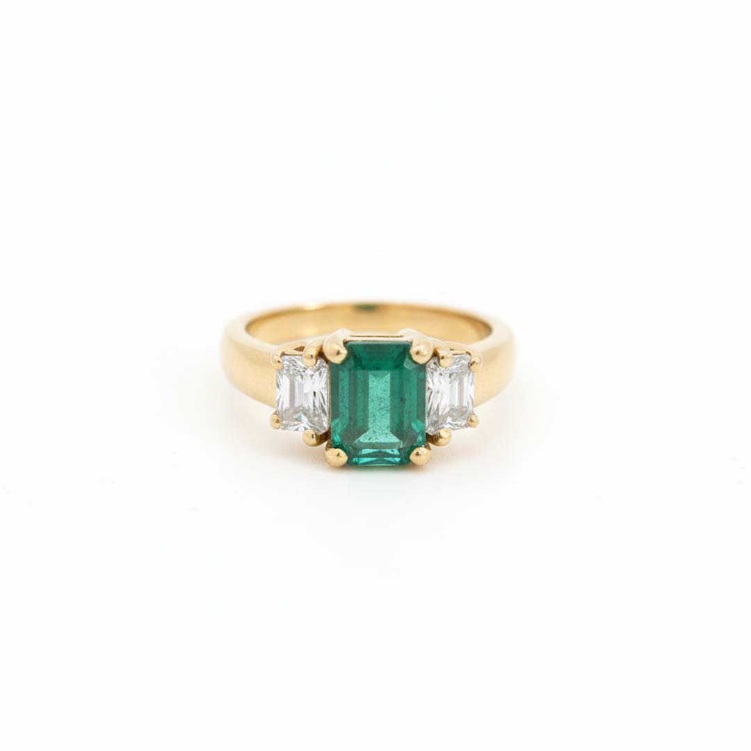 14K Yellow Gold 1.96 CT Emerald-Cut Emerald and 1.25 CT Diamond Ring