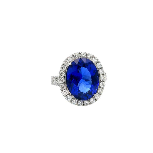 18K White Gold Natural Tanzanite & Diamond Ring – 7.50ct Oval Tanzanite with 1.12ct Diamond Halo