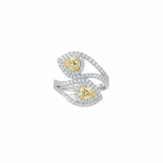 14KT Gold Bypass Ring with 0.75ct Fancy Yellow Pear Diamonds and 0.95cts White Diamonds