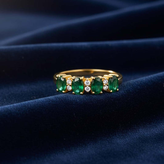 14KT Yellow Gold Oval Emerald (0.89 cts) and Diamond (0.10 cts) Band Ring