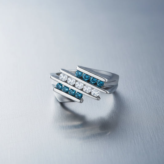 14K White Gold Blue & White Diamond Tiered Bar Ring – 0.50 Total Carats of Modern Elegance