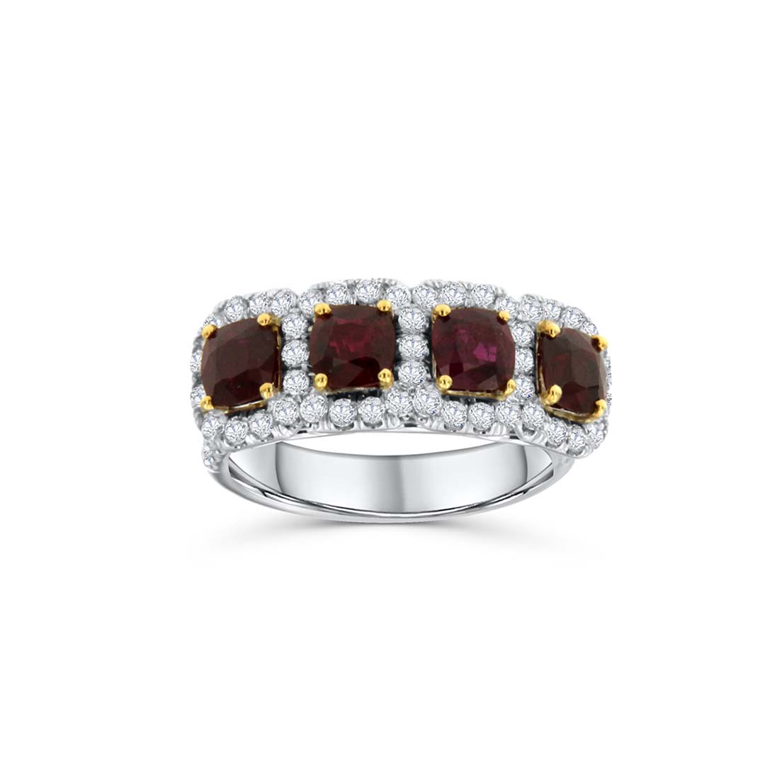 14KT White Gold Ruby & Diamond Halo Band Ring (RB: 2.22 CTS | DIA: 1.10 CTS)