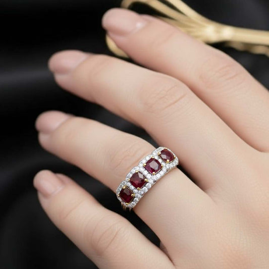 14KT White Gold Ruby & Diamond Halo Band Ring (RB: 2.22 CTS | DIA: 1.10 CTS)