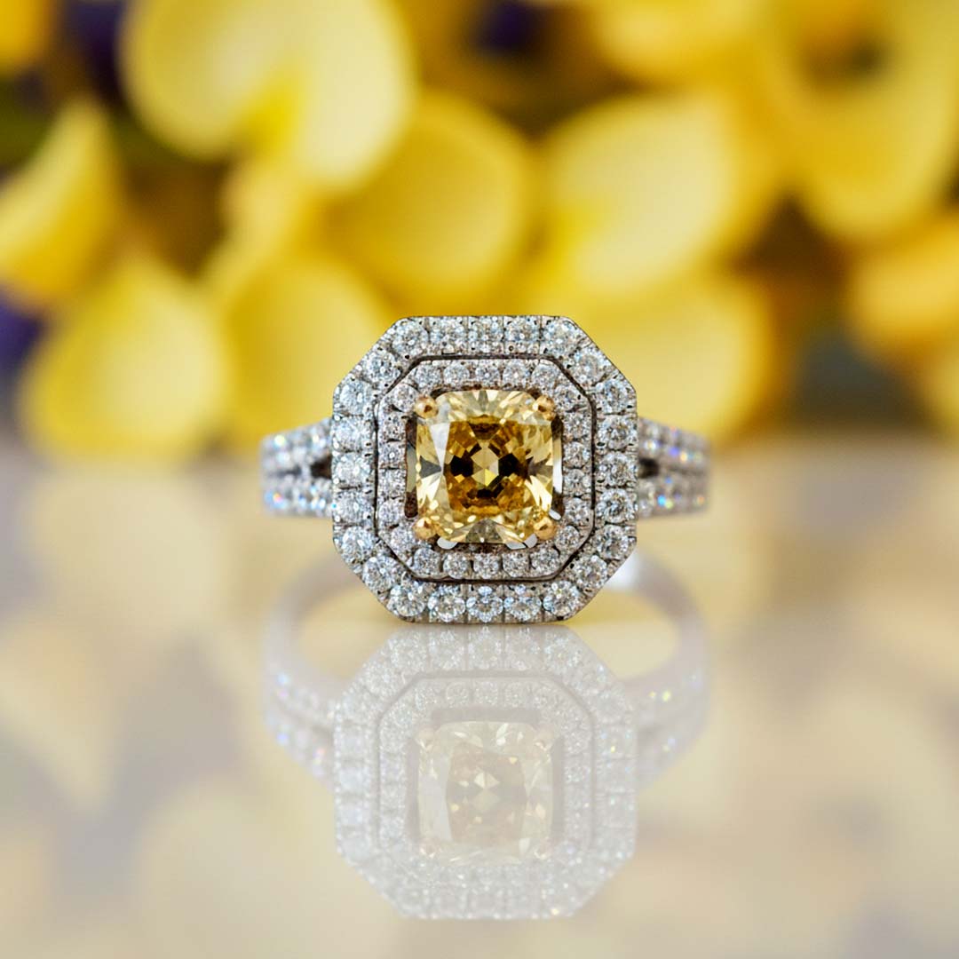 Elegant 18K Gold Fancy Yellow Diamond Ring with Double Halo Setting | GIA Certified