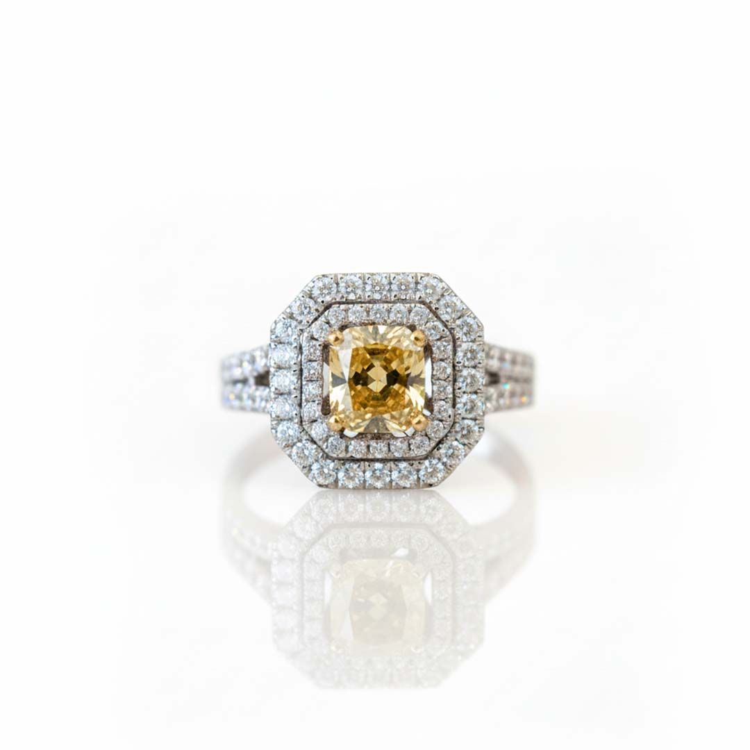 Elegant 18K Gold Fancy Yellow Diamond Ring with Double Halo Setting | GIA Certified