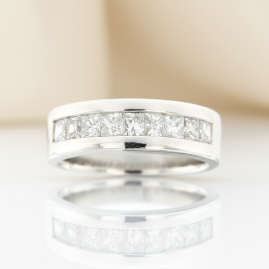 14KT Men’s White Gold Ring Featuring 2.00 Carats of Princess-Cut Diamonds in a Seamless Channel Setting