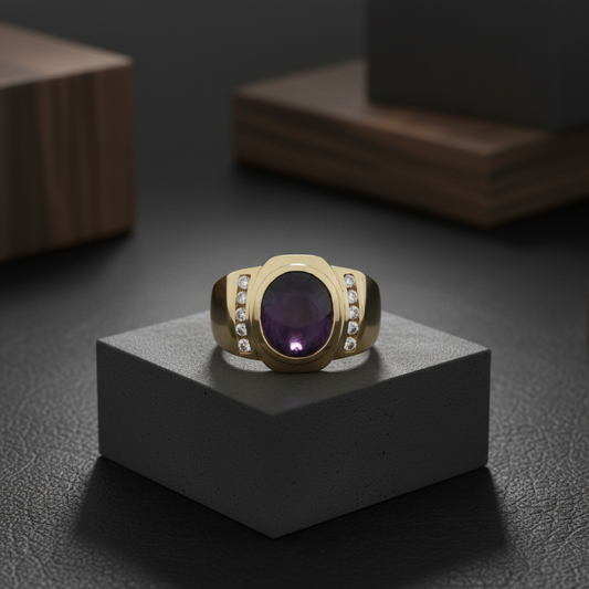 14KT Yellow Gold Men’s Ring Featuring Striking Oval Star Ruby and Sparkling Diamonds