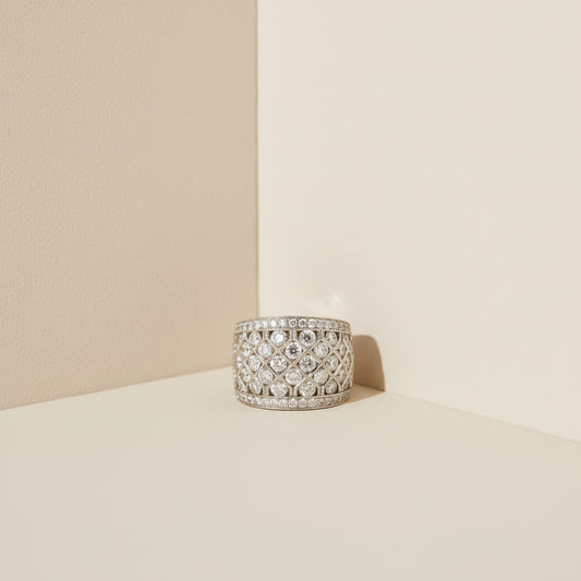 18K Gold Ladies’ Wide Band Lattice Diamond Ring – 3.96ct Total of Natural White Diamonds
