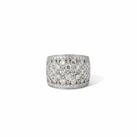18K Gold Ladies’ Wide Band Lattice Diamond Ring – 3.96ct Total of Natural White Diamonds
