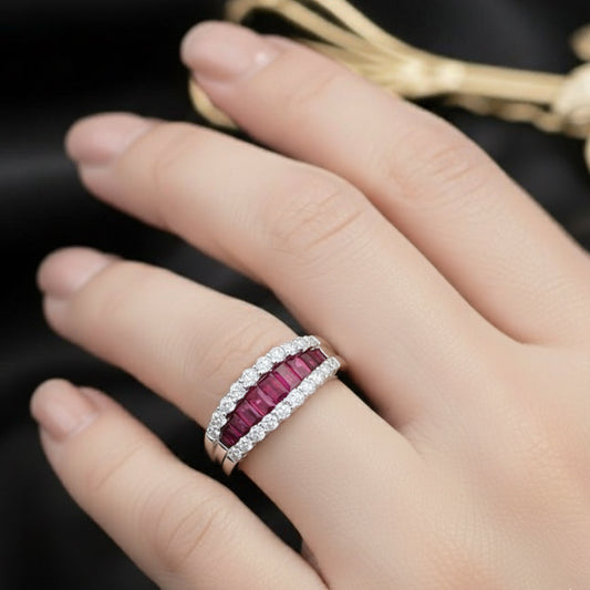 14KT White Gold Ruby & Diamond Band Ring (RB: 0.85 CTS | DIA: 0.44 CTS)
