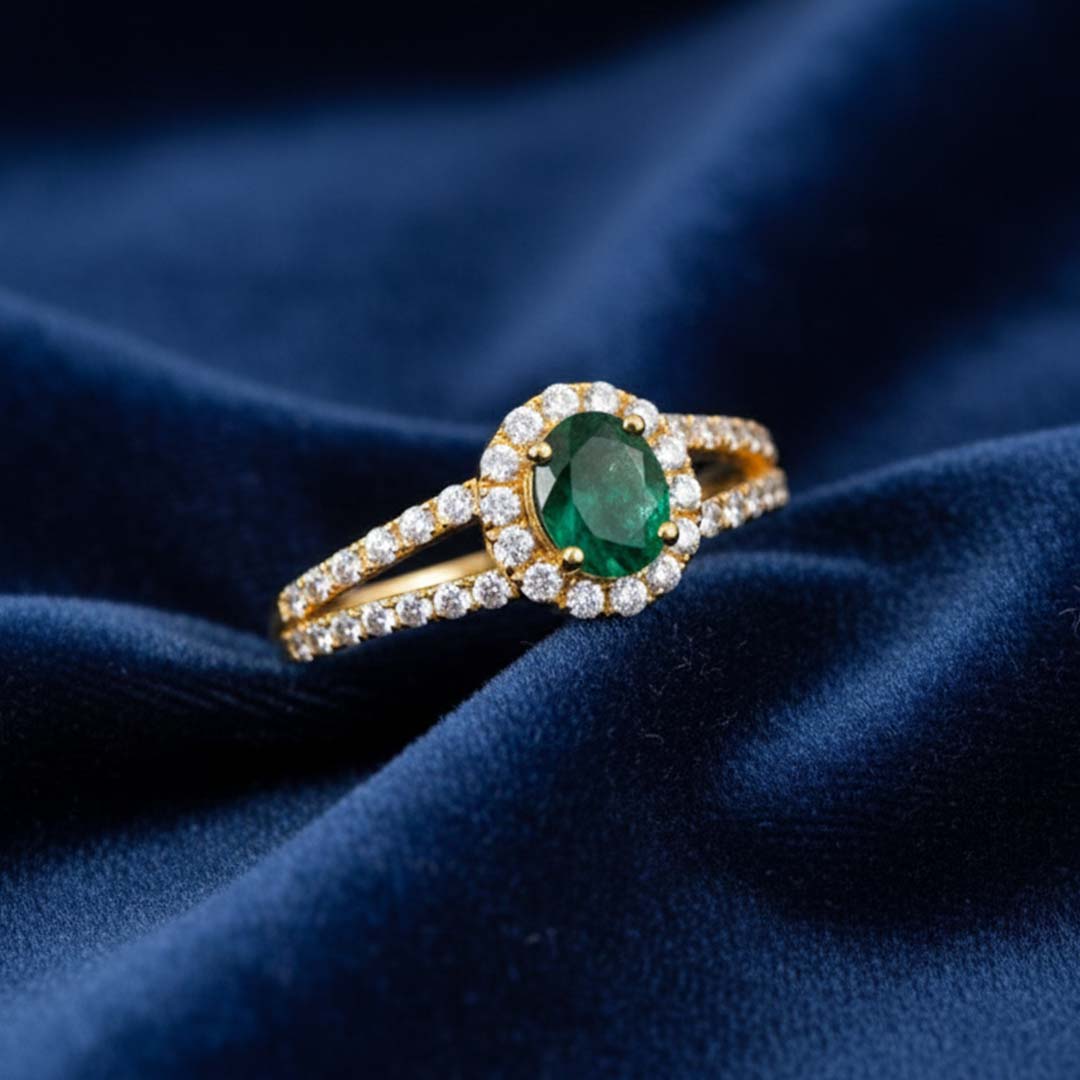 14K Yellow Gold Oval Emerald Ring with Diamond Halo and Band – 0.32 ct Emerald, 0.33 ctw Diamonds