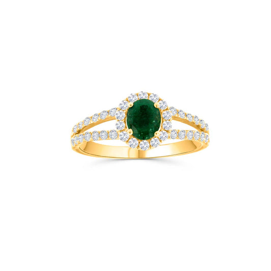 14K Yellow Gold Oval Emerald Ring with Diamond Halo and Band – 0.32 ct Emerald, 0.33 ctw Diamonds
