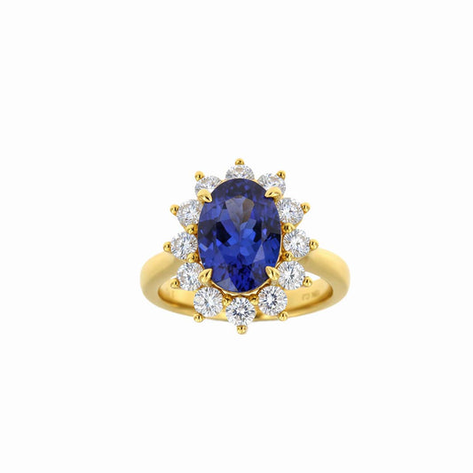 18K Yellow Gold Natural Tanzanite & Diamond Ring – 3.72ct Oval Tanzanite with 1.50ct Starburst Diamond Halo