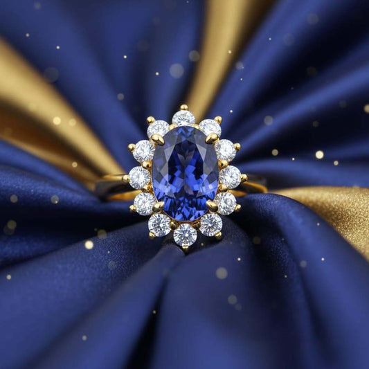 18K Yellow Gold Natural Tanzanite & Diamond Ring – 3.72ct Oval Tanzanite with 1.50ct Starburst Diamond Halo