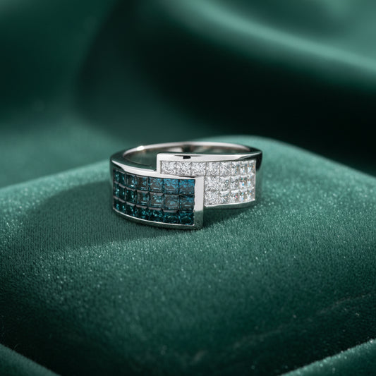14K White Gold Blue & White Princess-Cut Diamond Geometric Ring – 2.20 Total Carats of Modern Elegance