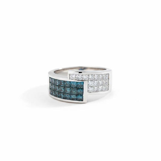 14K White Gold Blue & White Princess-Cut Diamond Geometric Ring – 2.20 Total Carats of Modern Elegance