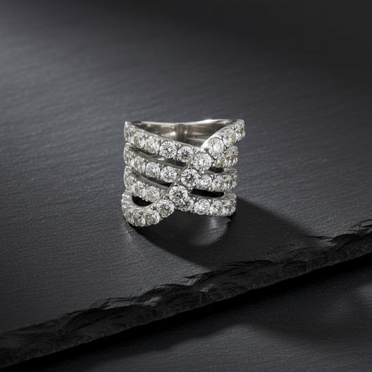 14K White Gold Multi-Band Diamond Statement Ring – 9.00 Total Carats of Dazzling Brilliance