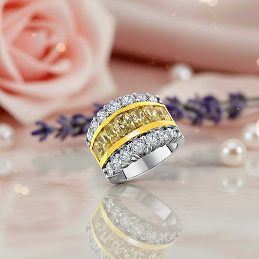 18KT Gold Yellow and White Diamond Band Ring | 4.00ct Yellow Center & 3.20ct Side Diamonds