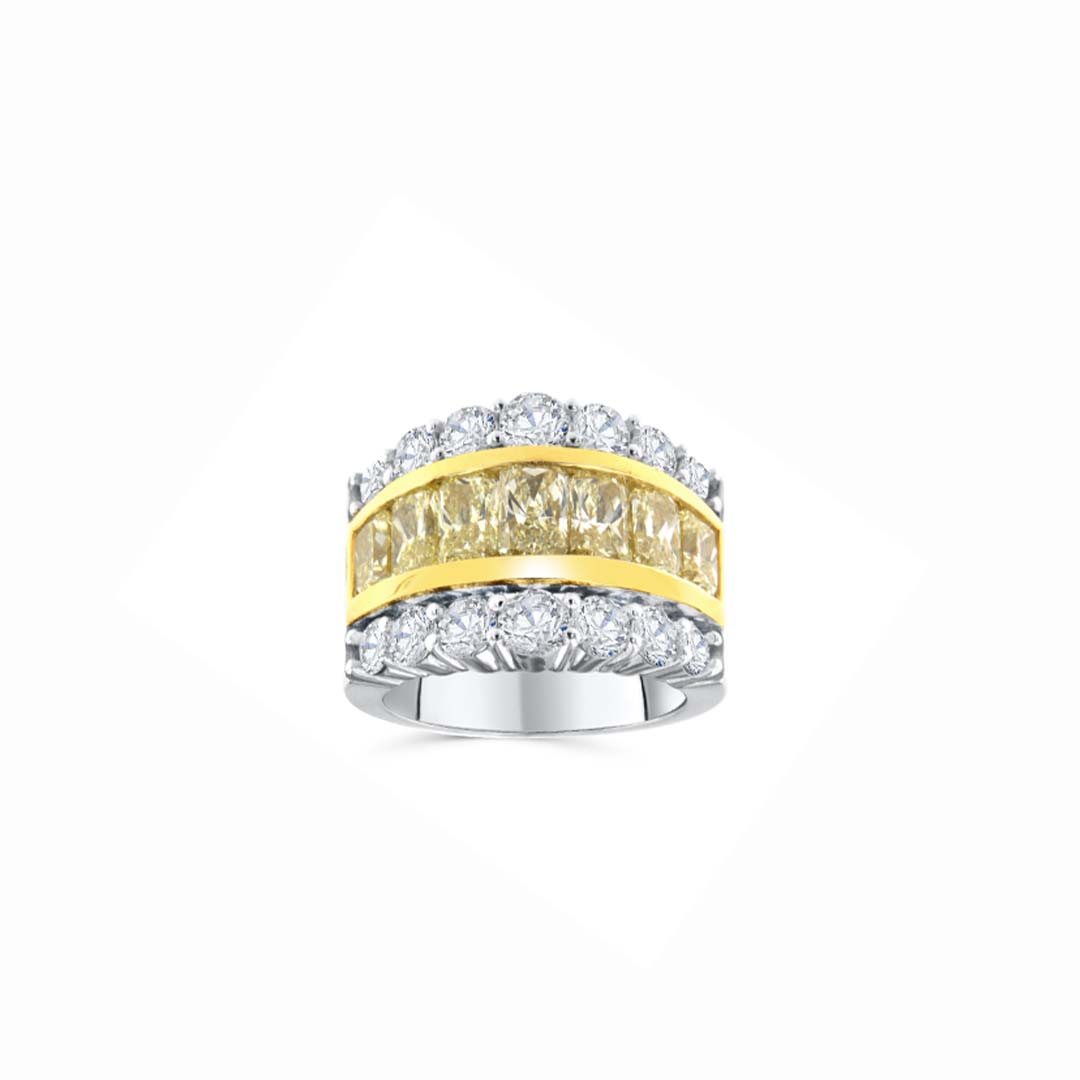 18KT Gold Yellow and White Diamond Band Ring | 4.00ct Yellow Center & 3.20ct Side Diamonds