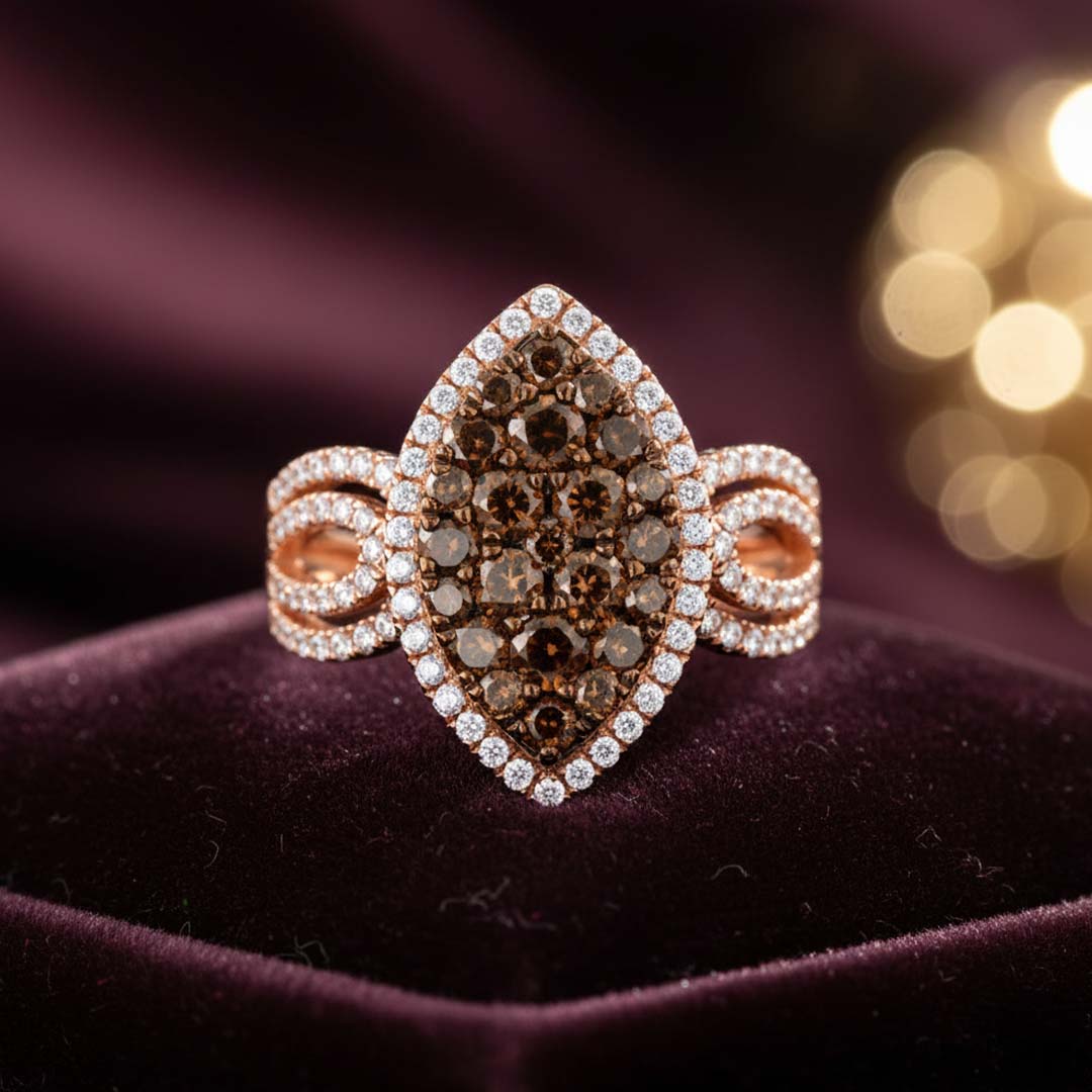 14K Rose Gold Marquise Cognac and White Diamond Ring – 2.15CT Total Weight