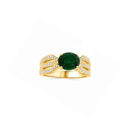 14K Yellow Gold East-West Oval Emerald Ring with Side Diamonds – 2.12 ct Emerald, 0.31 ctw Diamonds