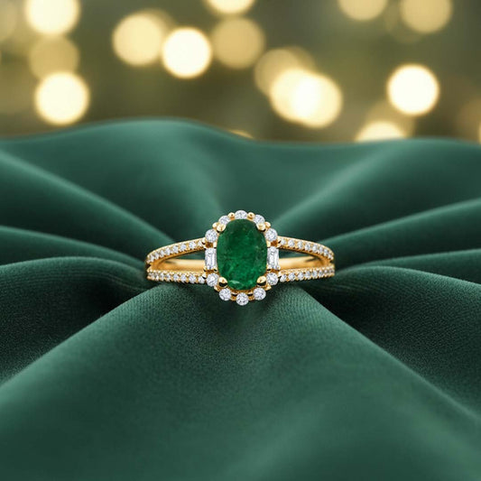 14KT Yellow Gold Oval Cut Emerald (0.79 CT) and Diamond (0.28 CT) Ring