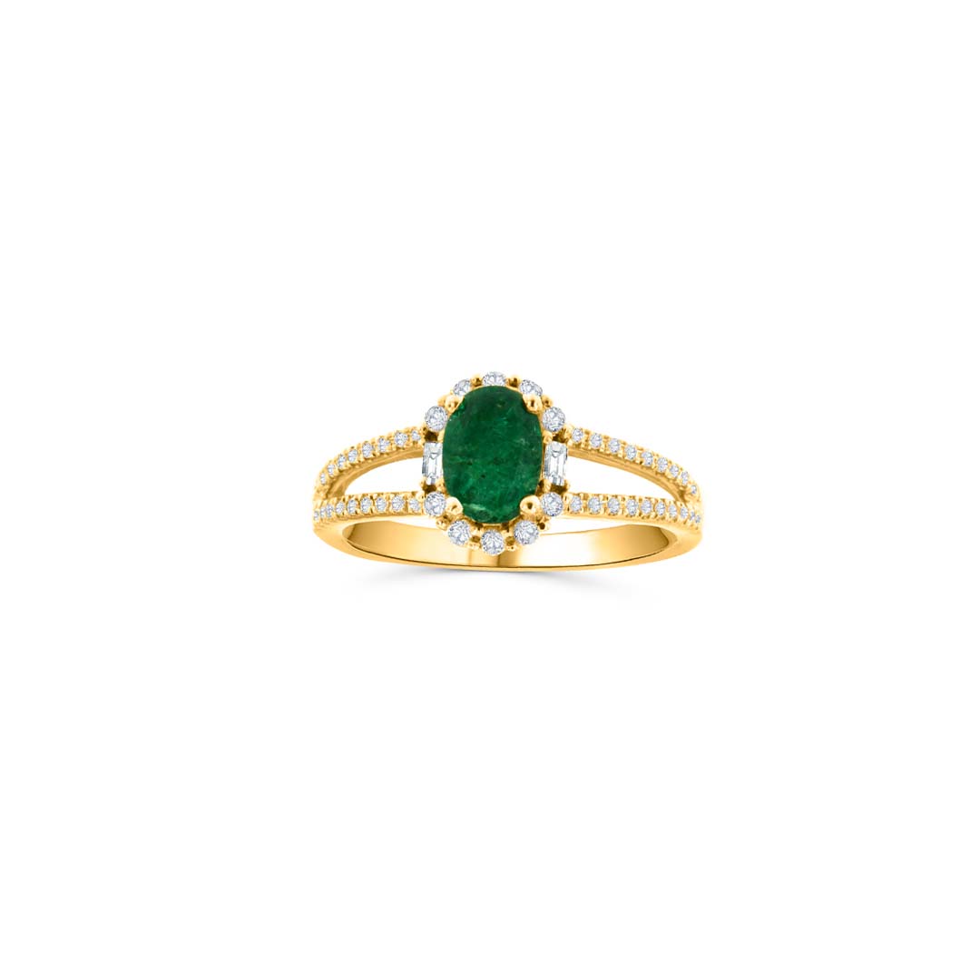14KT Yellow Gold Oval Cut Emerald (0.79 CT) and Diamond (0.28 CT) Ring