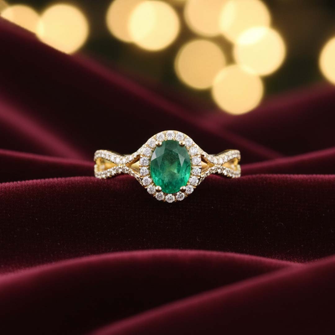 14KT Yellow Gold Oval Cut Emerald (1.12 CT) and Diamond (0.40 CT)  Ring