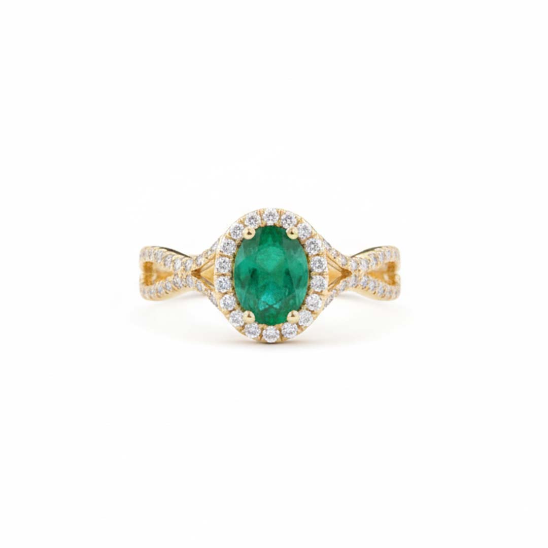 14KT Yellow Gold Oval Cut Emerald (1.12 CT) and Diamond (0.40 CT)  Ring