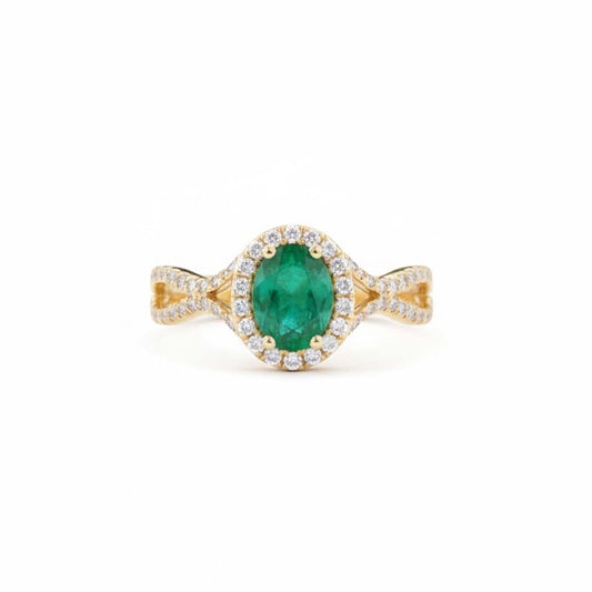 14KT Yellow Gold Oval Cut Emerald (1.12 CT) and Diamond (0.40 CT)  Ring