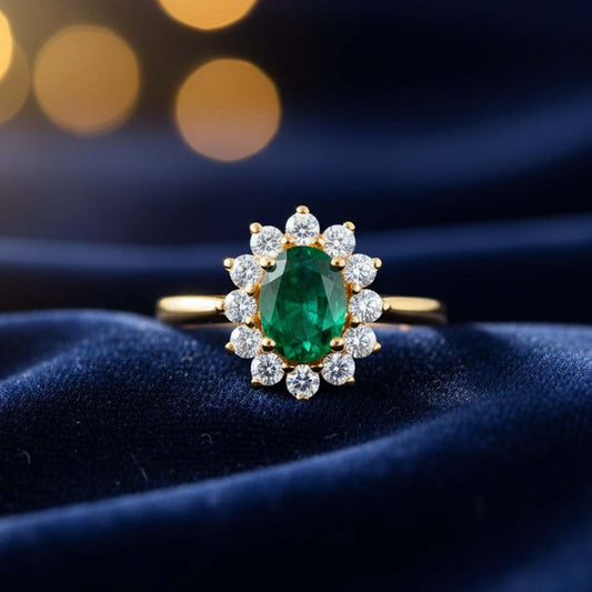 14KT Yellow Gold Oval-Cut Emerald & Diamond Halo Ring (0.96 ct Emerald / 0.66 ctw Diamonds)