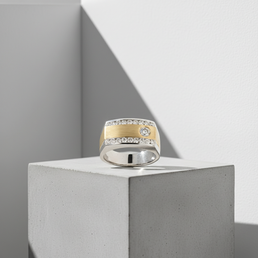 Men’s 14KT Two-Tone Gold Diamond Ring (1.10 CT. TW.) Natural Diamonds, Bezel & Channel Set)