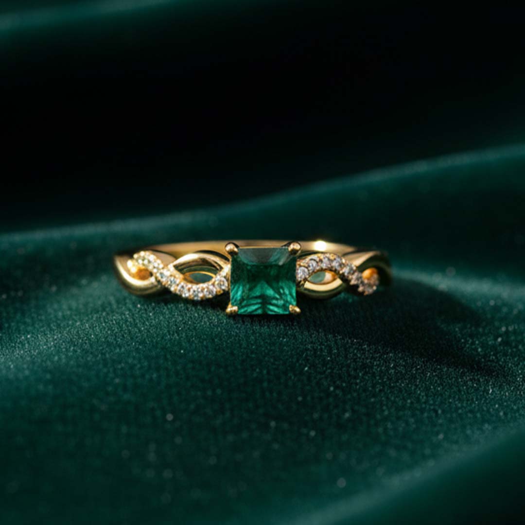14KT Yellow Gold Princess-Cut Emerald & Diamond Band Ring (0.59 ct Emerald / 0.11 ctw Diamonds)