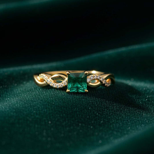 14KT Yellow Gold Princess-Cut Emerald & Diamond Band Ring (0.59 ct Emerald / 0.11 ctw Diamonds)