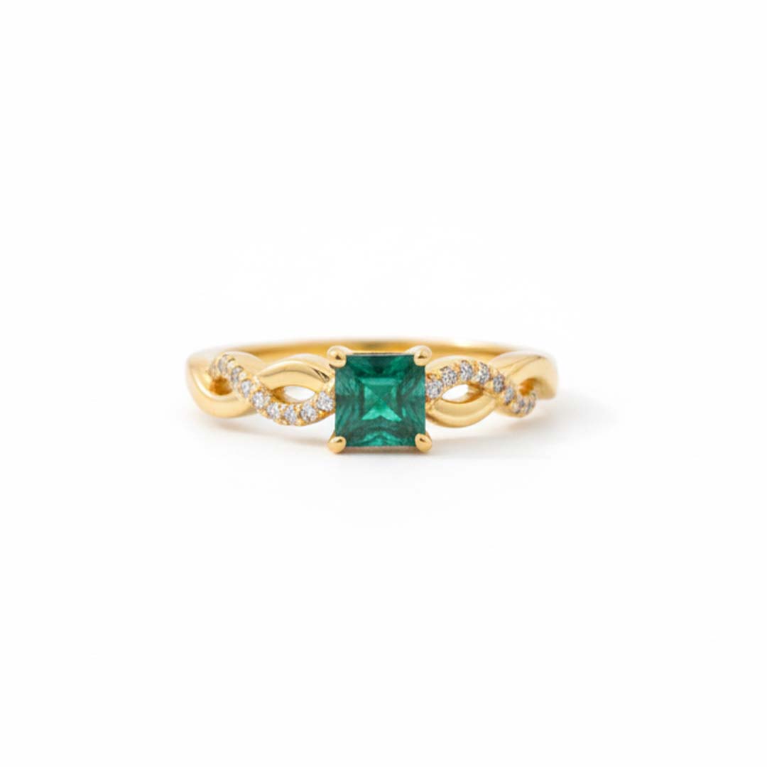 14KT Yellow Gold Princess-Cut Emerald & Diamond Band Ring (0.59 ct Emerald / 0.11 ctw Diamonds)