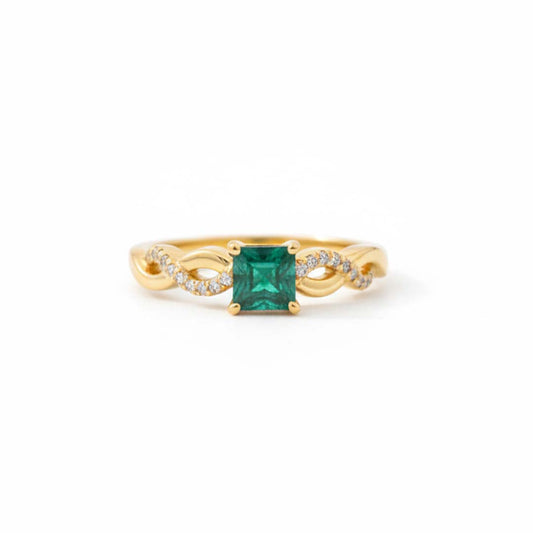 14KT Yellow Gold Princess-Cut Emerald & Diamond Band Ring (0.59 ct Emerald / 0.11 ctw Diamonds)
