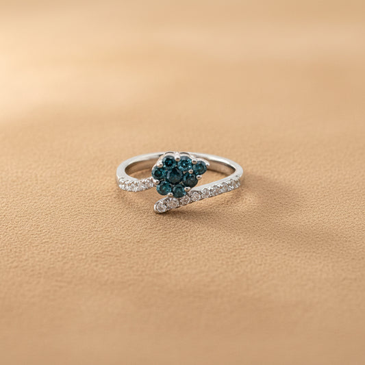 14K White Gold Blue Diamond Cluster Ring – 0.47 CT Blue, 0.29 CT White, Twisted Band
