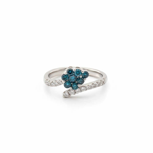 14K White Gold Blue Diamond Cluster Ring – 0.47 CT Blue, 0.29 CT White, Twisted Band