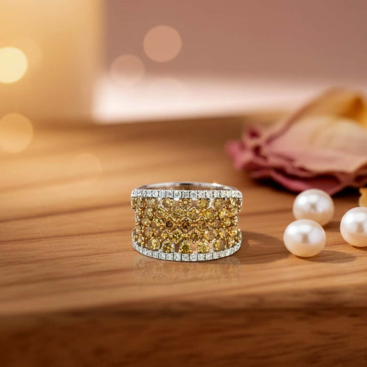 18KT Gold Fancy Yellow & White Diamond Wide Band Ring – 2.19 Cts Total