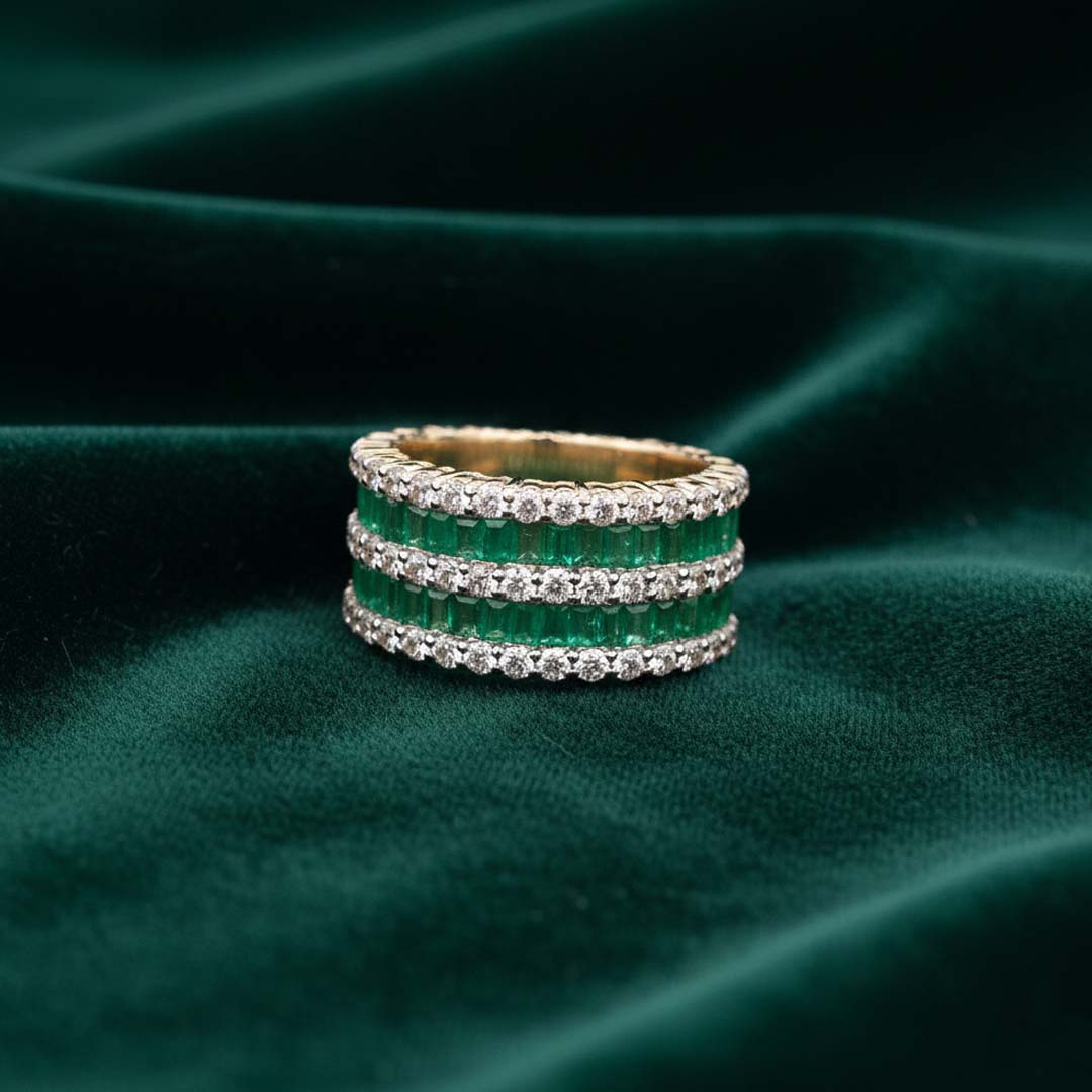 14KT Yellow Gold Emerald Cut Emerald (1.41 cts) and Diamond (1.18 cts) Multi-Row Band Ring