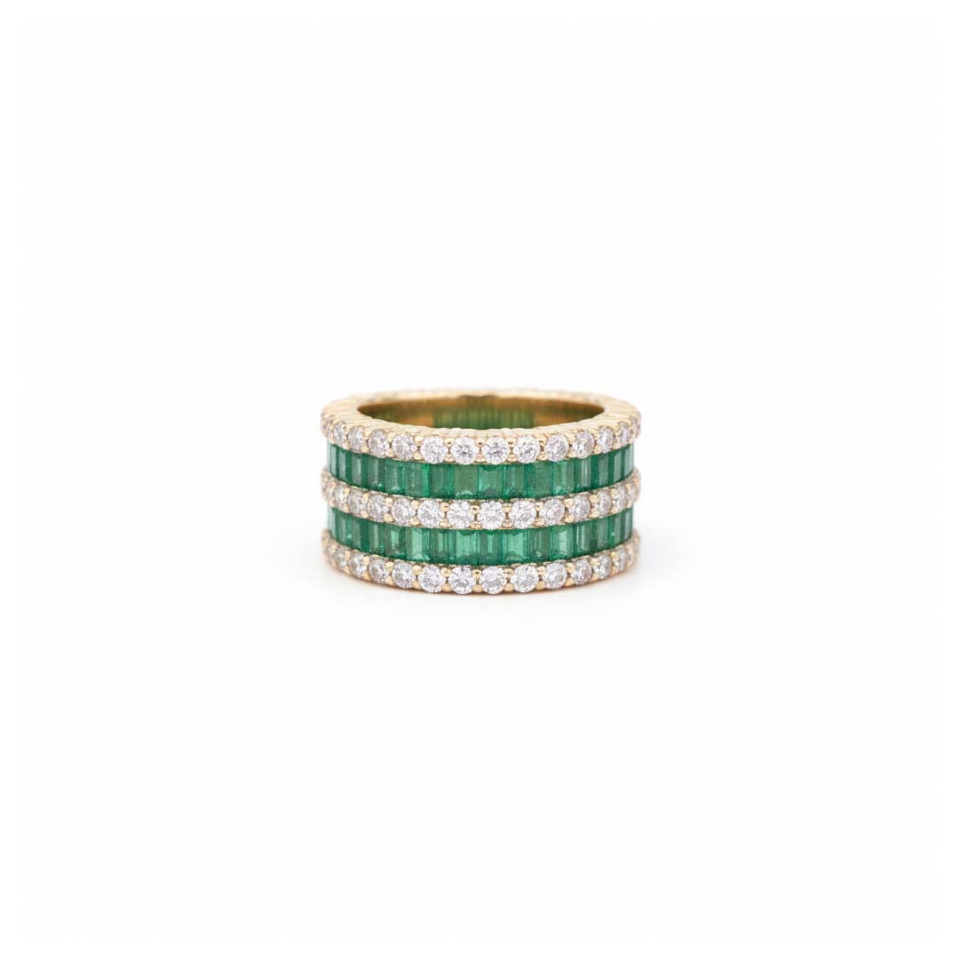 14KT Yellow Gold Emerald Cut Emerald (1.41 cts) and Diamond (1.18 cts) Multi-Row Band Ring