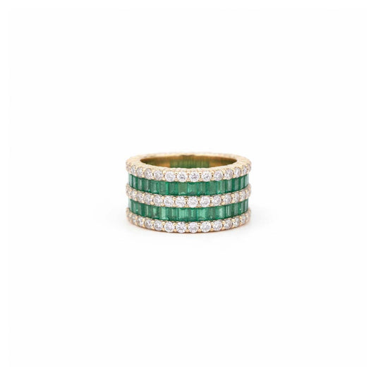 14KT Yellow Gold Emerald Cut Emerald (1.41 cts) and Diamond (1.18 cts) Multi-Row Band Ring