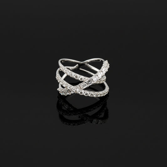 14K Gold Ladies’ Crossover Diamond Ring – 2.00ct Round & Baguette-Cut Natural Diamonds