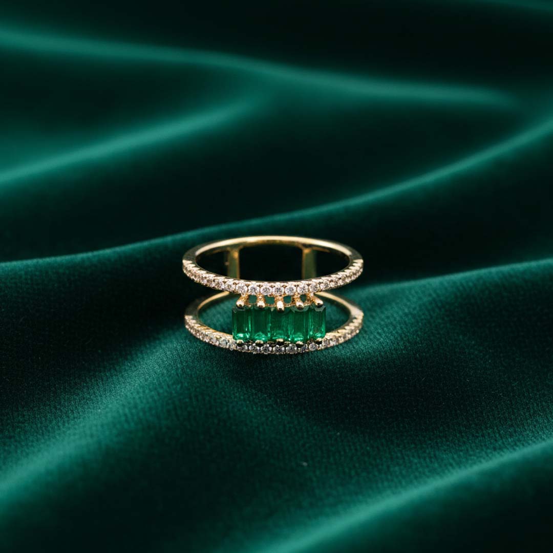 14KT Yellow Gold Double Band Ring with Emerald Cut Emeralds & Diamonds (0.94 ctw)