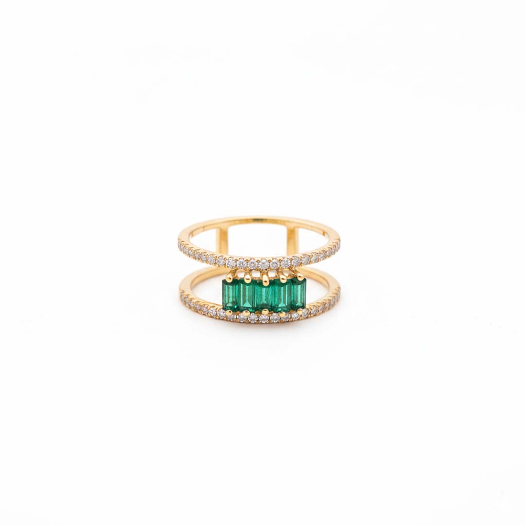 14KT Yellow Gold Double Band Ring with Emerald Cut Emeralds & Diamonds (0.94 ctw)