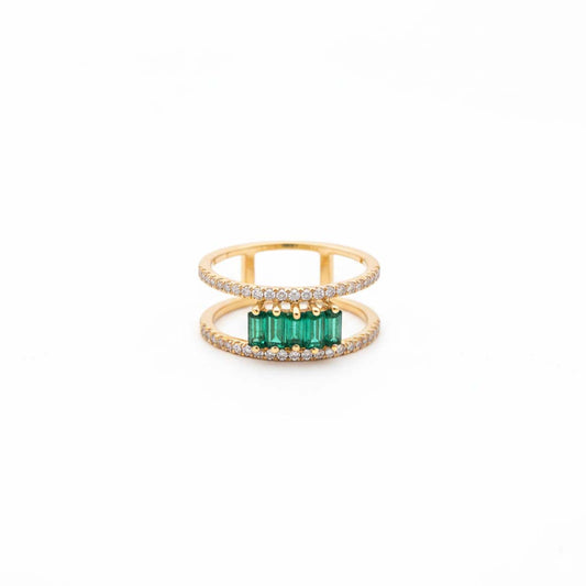 14KT Yellow Gold Double Band Ring with Emerald Cut Emeralds & Diamonds (0.94 ctw)